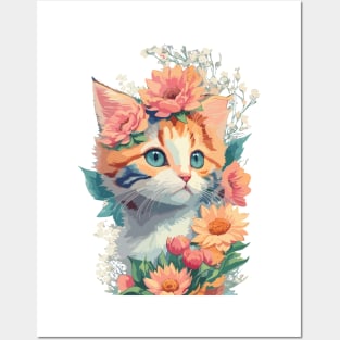 Cute cat with flowers Posters and Art